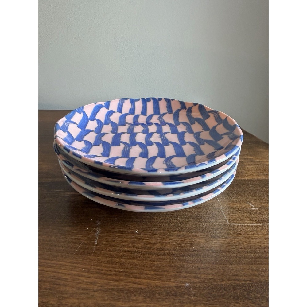 Anthropologie Made in Japan Set of 4 Blue Pink Geometric Dessert Salad Plates 6"